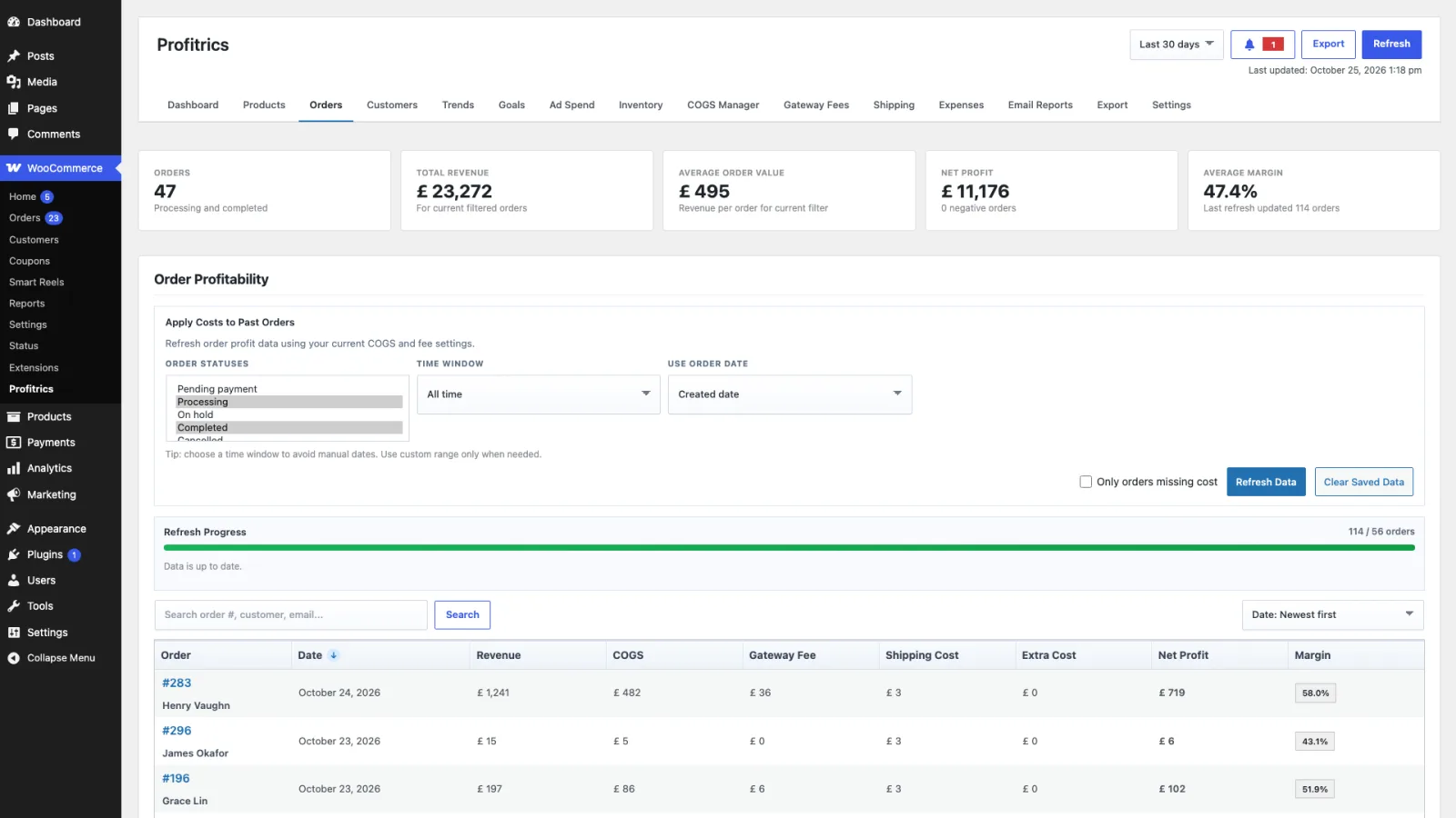 The Orders tab showing order count, revenue, average order value, net profit and average margin cards above a per-order table
