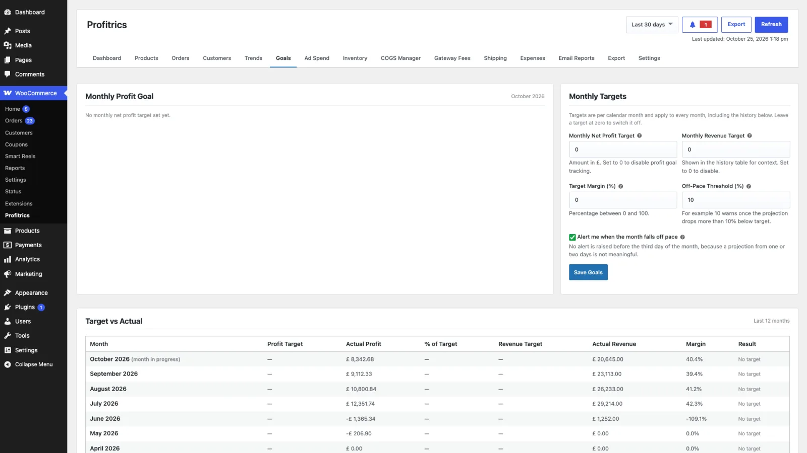 The Goals tab showing targets for revenue and profit with progress bars against each