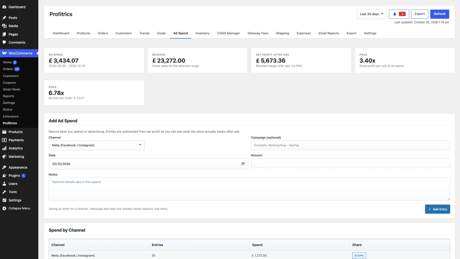 The Ad Spend tab showing spend by channel and campaign with return on ad spend and profit after ads metrics
