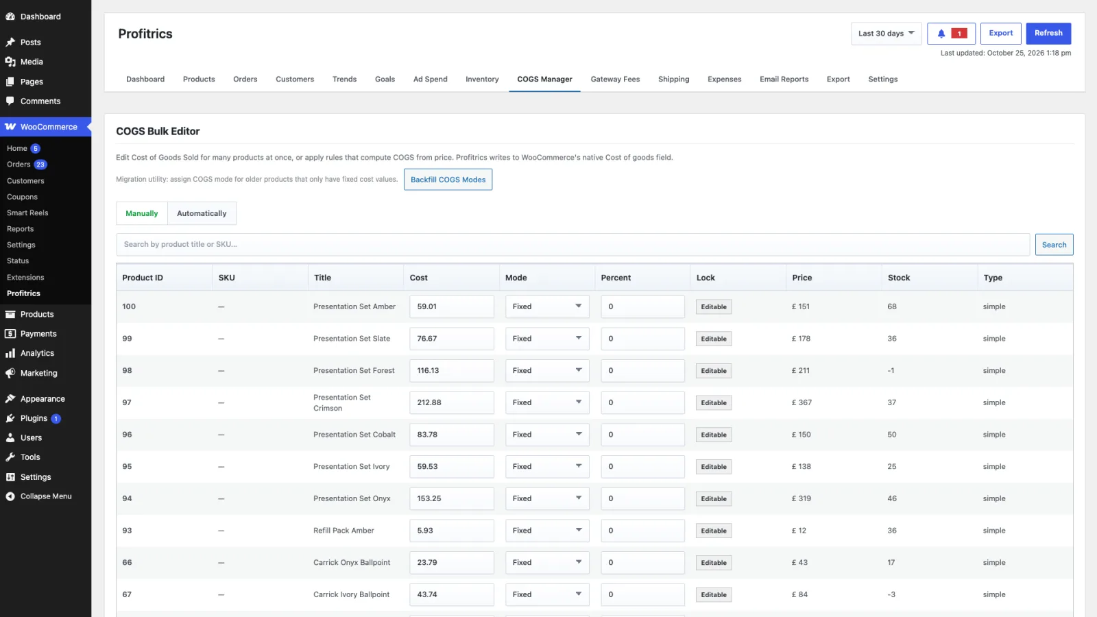 The COGS Manager tab showing a table of products and variations with editable cost fields and a Save Costs button