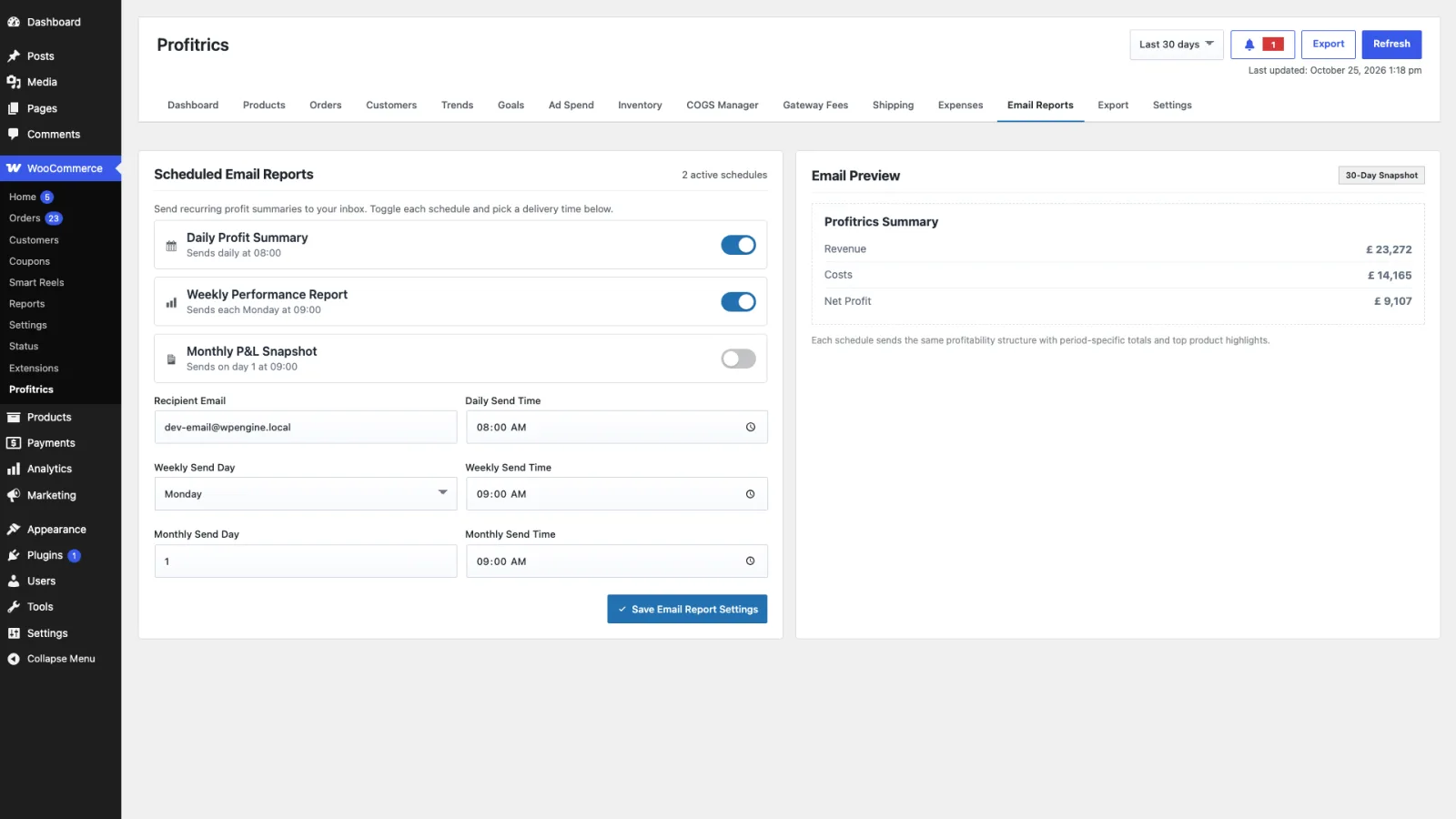 The Email Reports tab with daily, weekly and monthly toggles and their schedule and recipient fields