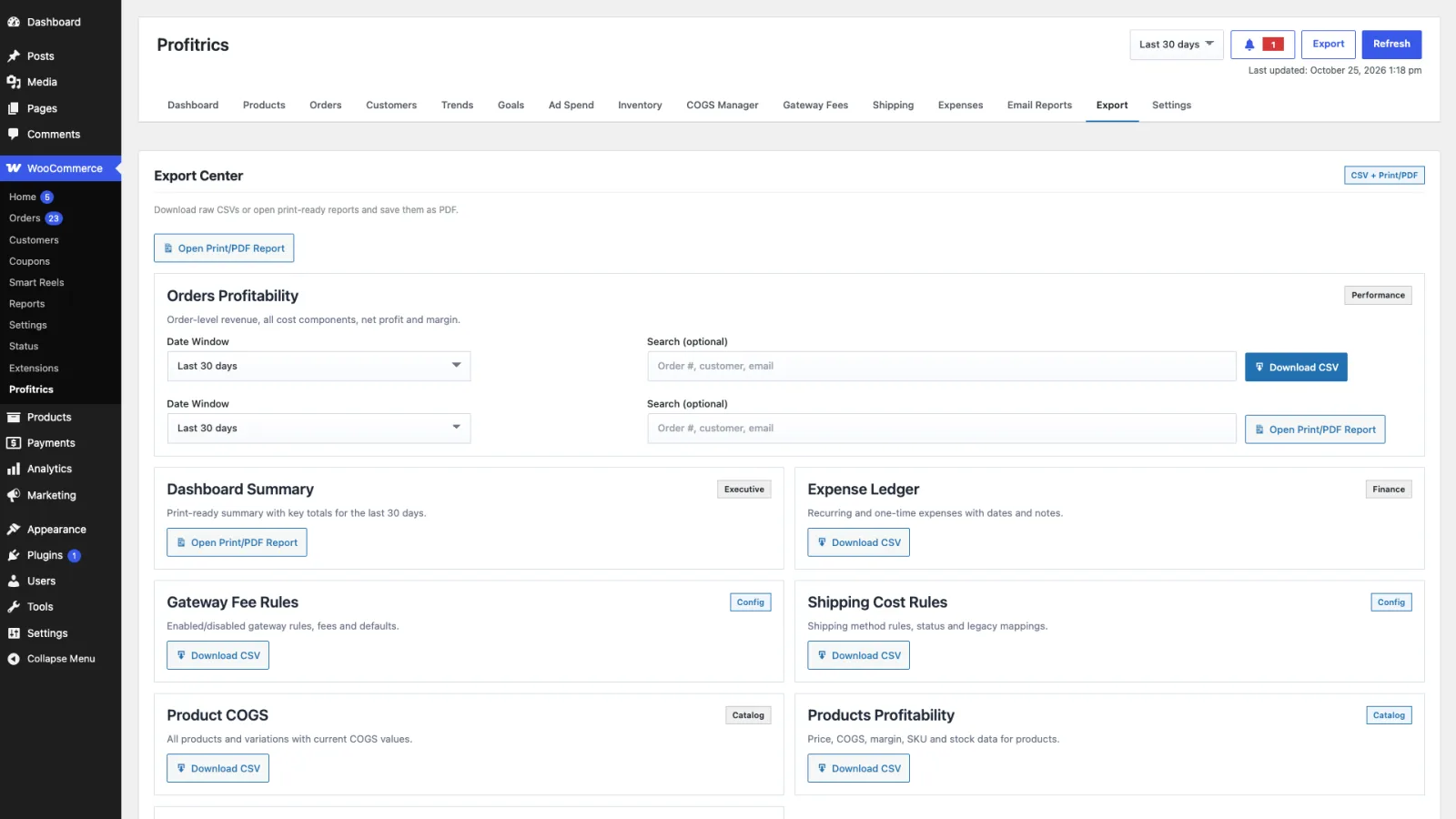 The Export tab listing CSV and PDF export options