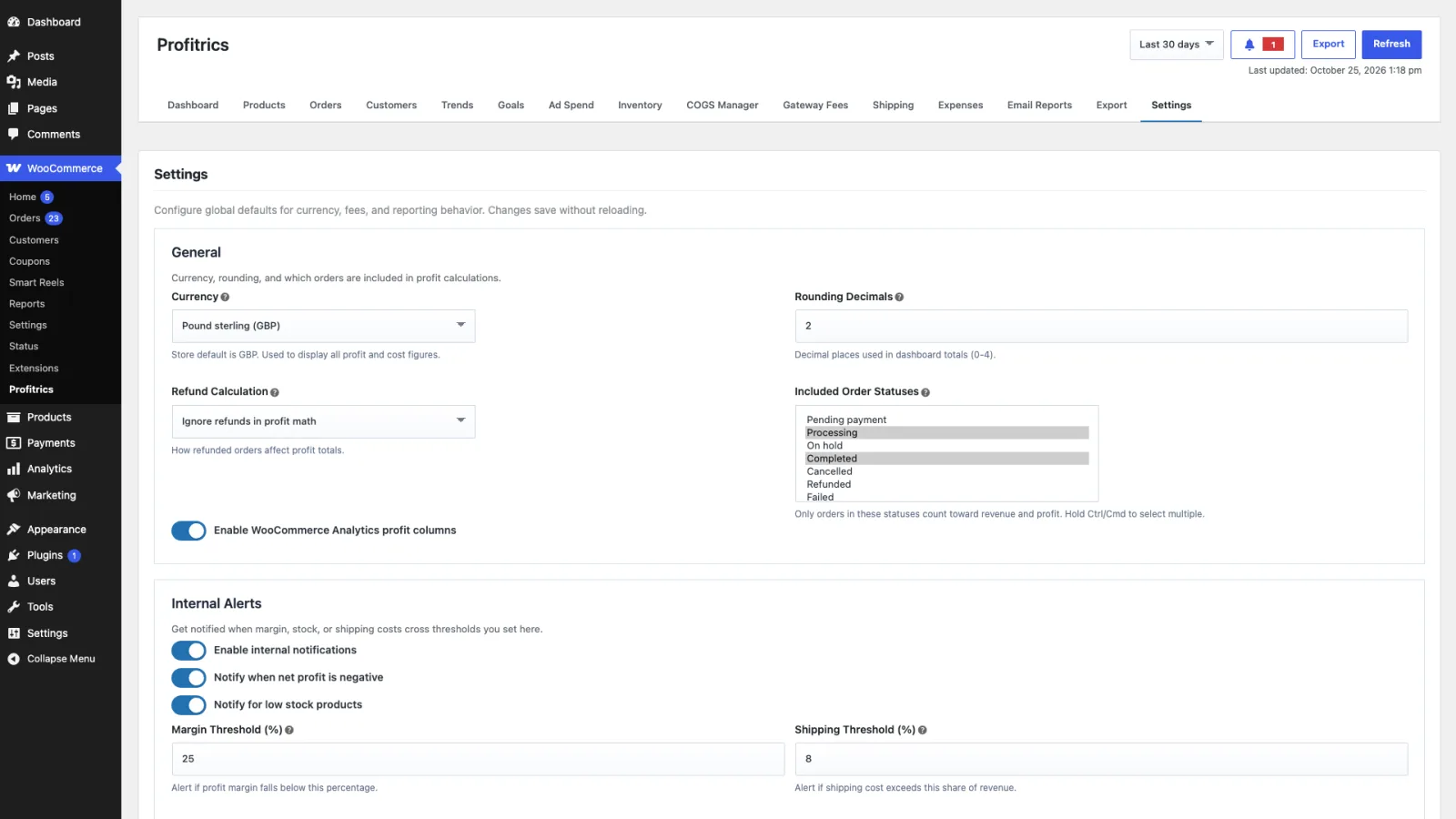 The Profitrics Settings tab showing general options, internal alerts and outbound webhook sections