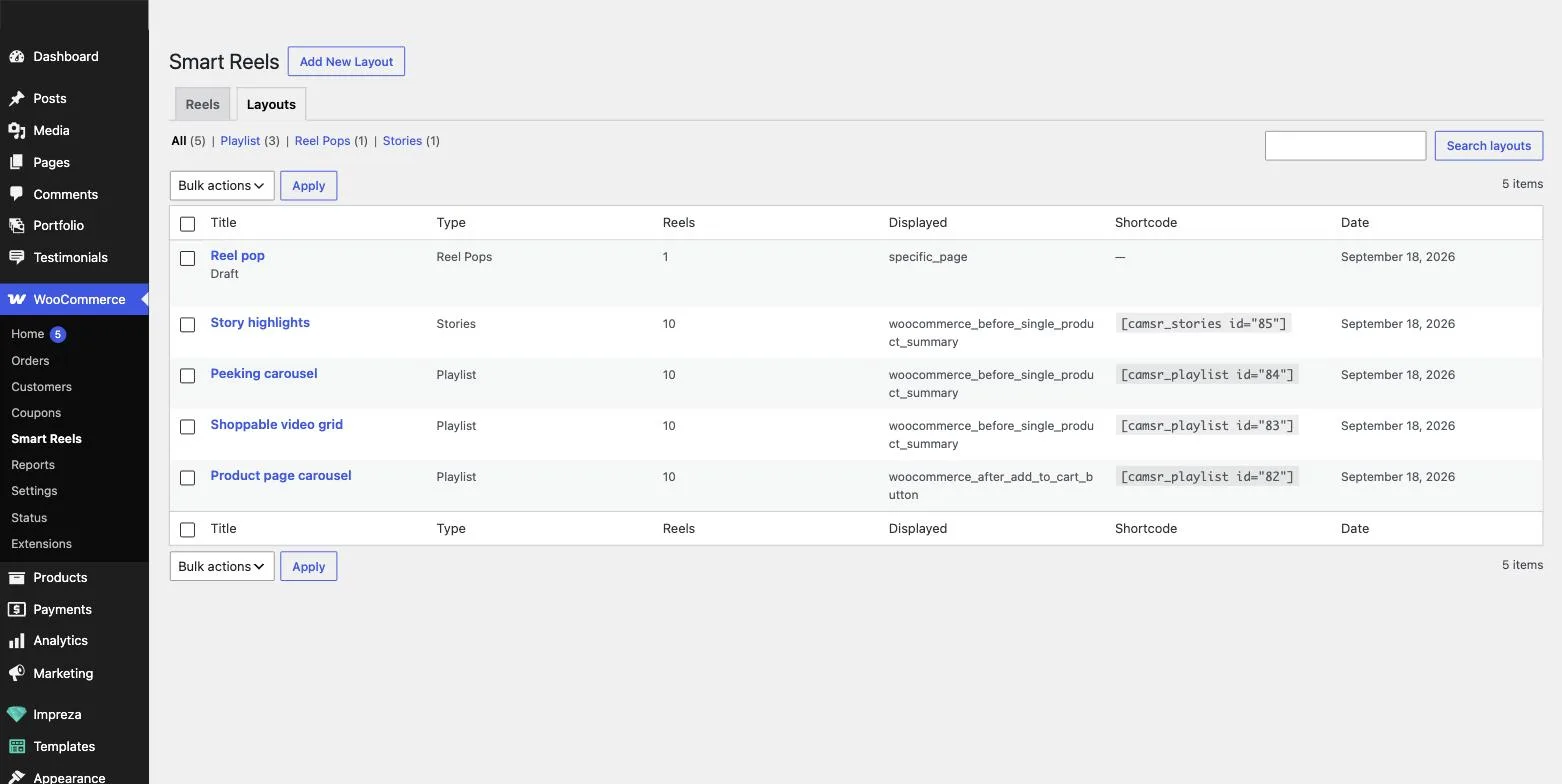 The Smart Reels admin screen on the Layouts tab, listing five layouts with their type, reel count, where they are displayed, and their shortcodes